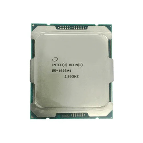 A close-up of a refurbished Intel Ceon E5-1603 V4 Quad Core 2.8GHz Socket FCLGA2011-3 CPU by Intel, showing its metallic surface and engraved model details on the front.