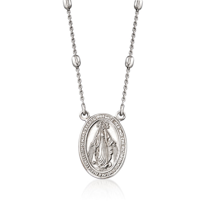 Italian sterling silver miraculous medal station necklace with oval pendant and link chain