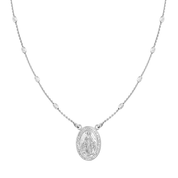 Sterling silver beaded station necklace with oval miraculous medal charm on chain