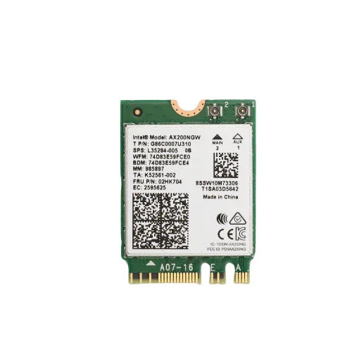 The Lenovo ThinkPad 02HK704 AX200NGW Dual Band WiFi 6 M.2 Network Card, featuring a green circuit board and detailed white labels, is perfect for upgrading a refurbished laptop or enhancing your Lenovo ThinkPad.