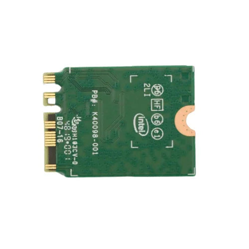 A small green Lenovo ThinkPad 02HK704 AX200NGW Dual Band WiFi 6 M.2 Network Card features gold connectors on the left edge and white printed symbols, with Intel branding and various model numbers on its surface.