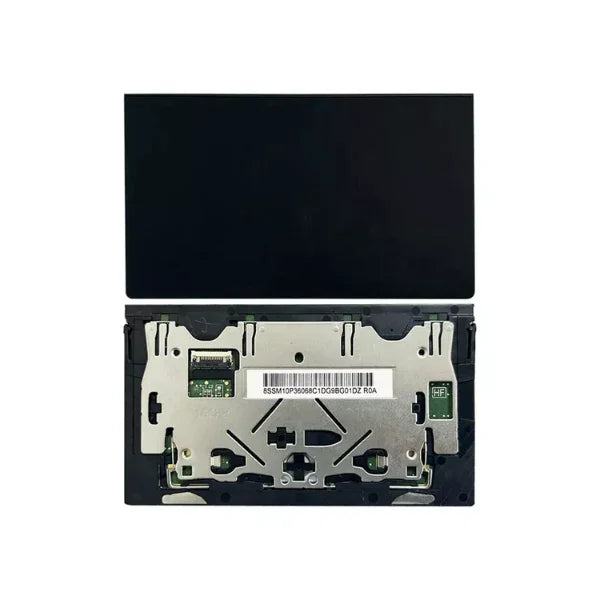 A genuine Lenovo ThinkPad X1 Carbon 9th Gen touchpad, rectangular and black, features a display screen on top and metallic backing with circuits and barcode underneath, shown isolated on a white background.