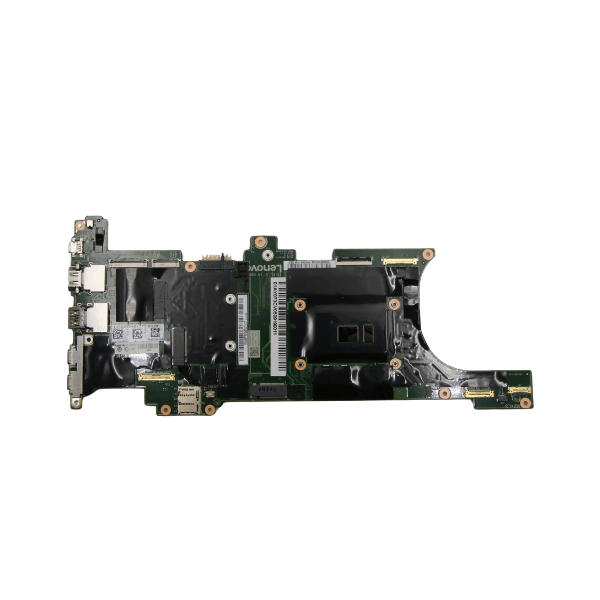 A close-up of a refurbished Lenovo ThinkPad X1 Carbon G5 i7-7600U 16GB motherboard (01AY073) by Lenovo, showing its circuits, chips, and connectors against a white background.