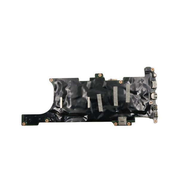 A refurbished Lenovo ThinkPad X1 Carbon G5 i7 7600U 16GB motherboard (01AY073) by Lenovo, featuring multiple silver ports and partial black tape covering, is isolated on a white background.