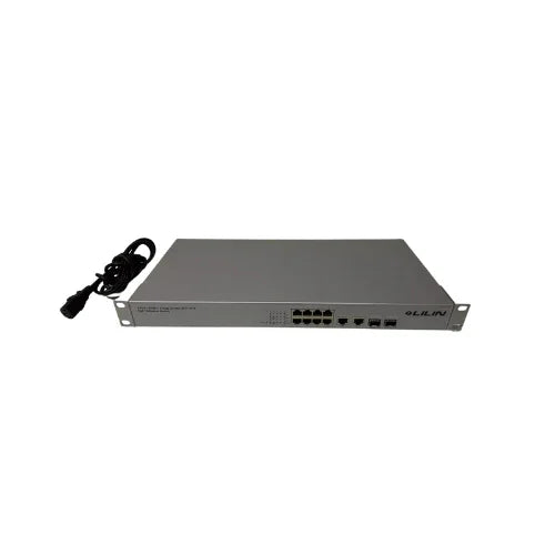 The Cisco LILIN PMH-POE08260WAT is an 8-port PoE+ Fast Ethernet switch (260W) with two fiber ports, indicator lights, and a power cord—ideal for rack mounting and network infrastructure needs.