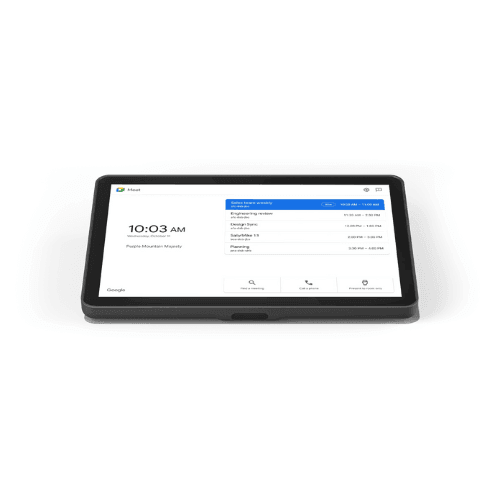 The Logitech Tap Touch 10.1 Touch Controller VU0053 by Logitech displays a digital calendar with upcoming meetings, current time, and quick-access Meet, Call, and Voice functions—an ideal touch control system for any video conferencing solution.
