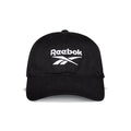 The Reebok Logo Cap is a black cotton twill cap with the Reebok logo and name embroidered in white on the front panel, featuring an adjustable buckle closure for comfort.