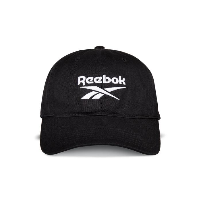 The Reebok Logo Cap is a black cotton twill cap with the Reebok logo and name embroidered in white on the front panel, featuring an adjustable buckle closure for comfort.