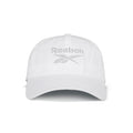 The Reebok Logo Cap is a classic white cotton twill cap with a curved brim, light gray Reebok logo embroidery on the front, and an adjustable buckle closure for a perfect fit.