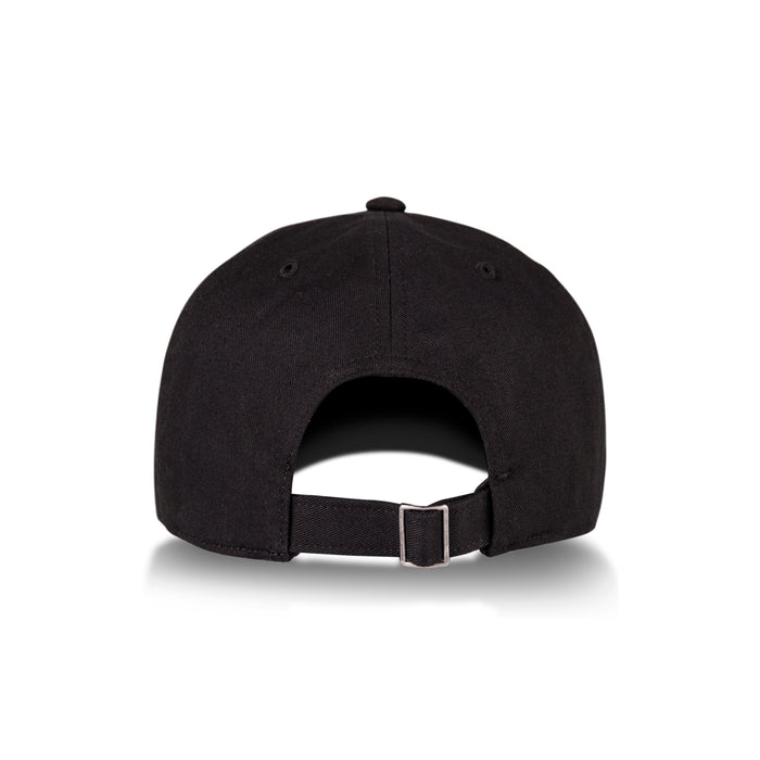 The Reebok Logo Cap is a black cotton twill cap with a classic curved design, visible panel stitching, and an adjustable buckle closure at the back for a custom fit.