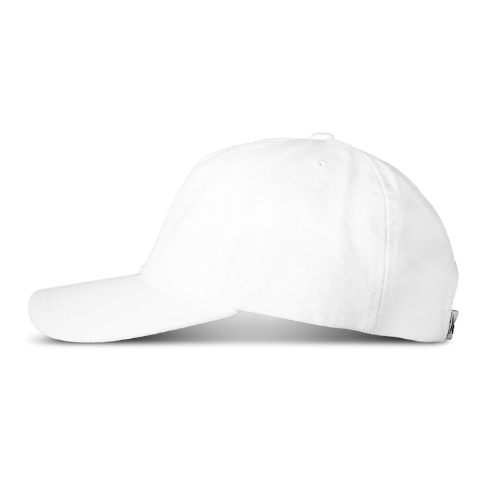 The Reebok Logo S-Vector Cap is shown from the side, featuring a plain white design, curved brim, and adjustable snapback strap at the back.
