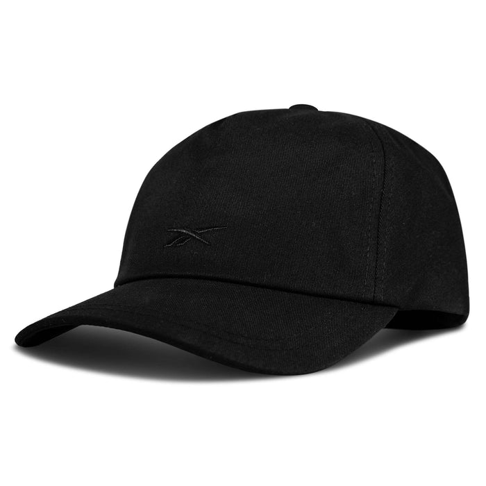 The Reebok Logo S-Vector Cap features a black cotton twill build, curved brim, subtle black embroidered logo on the front, and an adjustable snapback for the ideal fit. Shown here against a white background.