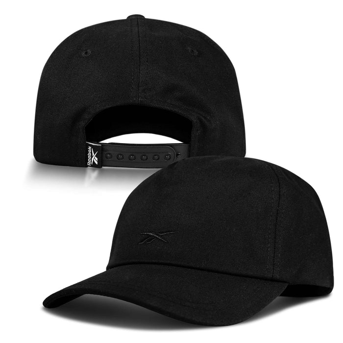 Two views of the Reebok Logo S-Vector Cap: the front displays a subtle embroidered logo, while the back of this cotton twill hat features an adjustable snapback and a small branded fabric tag.