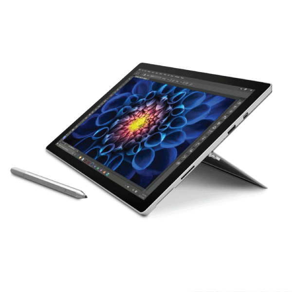 A refurbished Microsoft Surface Pro 4 1724 i5 6300U (2.4GHz, 8GB RAM, 256GB, 12" Touch, Windows 10 Pro) is displayed at an angle with a digital stylus pen beside it and a vivid blue and yellow flower on the screen.