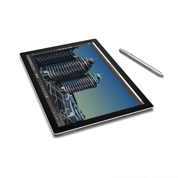 A refurbished Microsoft Surface Pro 4 1724 with Intel Core i5-6300U, 8GB RAM, and 256GB SSD displays a digital architectural drawing on its 12" touch screen, shown with a stylus pen against a white background.