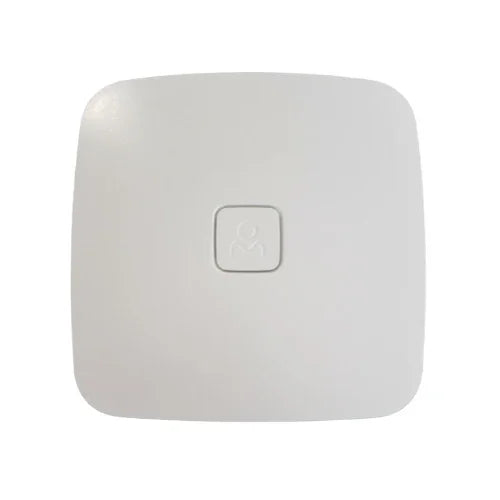 The Open Mesh A62 Tri-Band WiFi Access Point 802.11ac | Wty, a certified refurbished device by Open Mesh, is a white, square unit with rounded corners and a small raised central square—ideal for reliable enterprise WiFi.