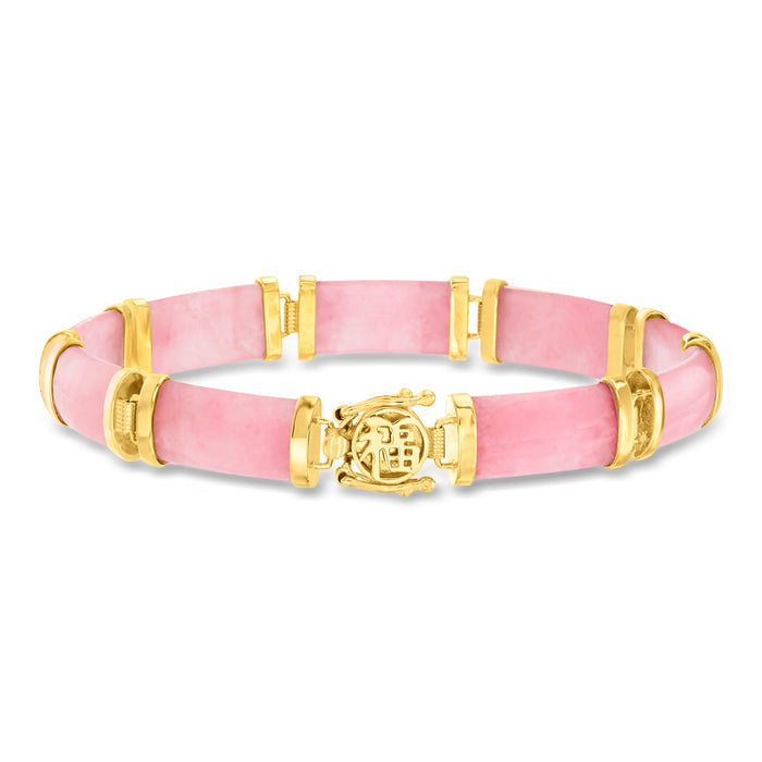 Pink jade bangle bracelet with gold over sterling Good Fortune charm
