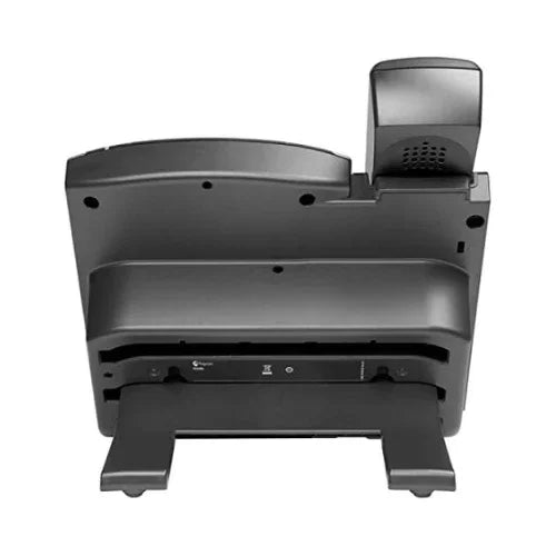 Rear view of a Polycom VVX 410 Business IP Phone 12-Line Gigabit Ethernet VoIP with the handset on top and the port panel exposed at the bottom.