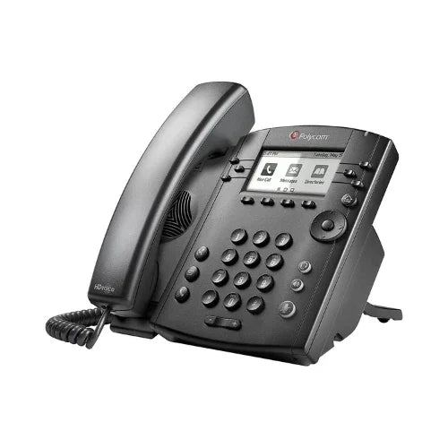 A certified refurbished Polycom VVX300 Business IP VoIP Network SIP Phone by Polycom, featuring a black handset, display screen, numbered keypad, function buttons, and coiled cord.