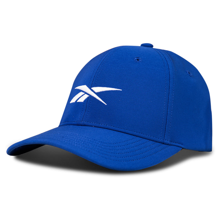 The Reebok Range Cap is a royal blue men’s golf hat with a curved brim and white Reebok logo, designed with moisture-wicking fabric to keep you cool and comfortable on the course.