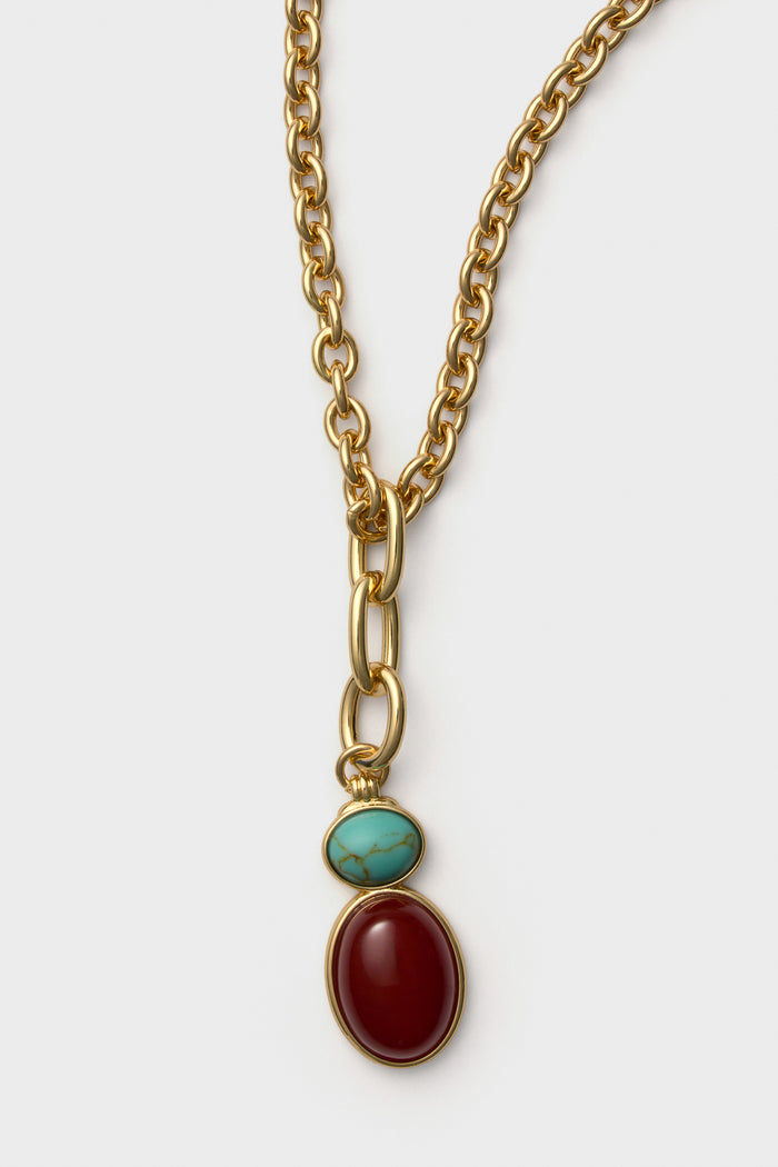 Shiny Gold, Turquoise and Carnelian Semi Precious Stone Necklace