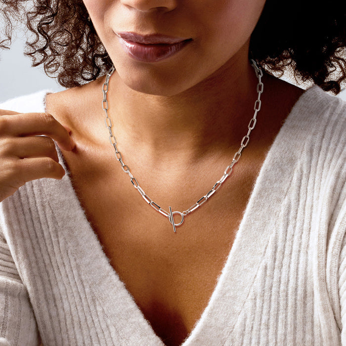 Sterling silver chain toggle necklace worn, with paper clip links and clasp
