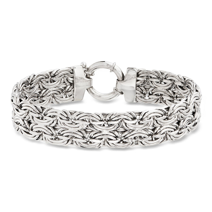 Sterling silver wide Byzantine chain bracelet with hinged clasp, polished finish