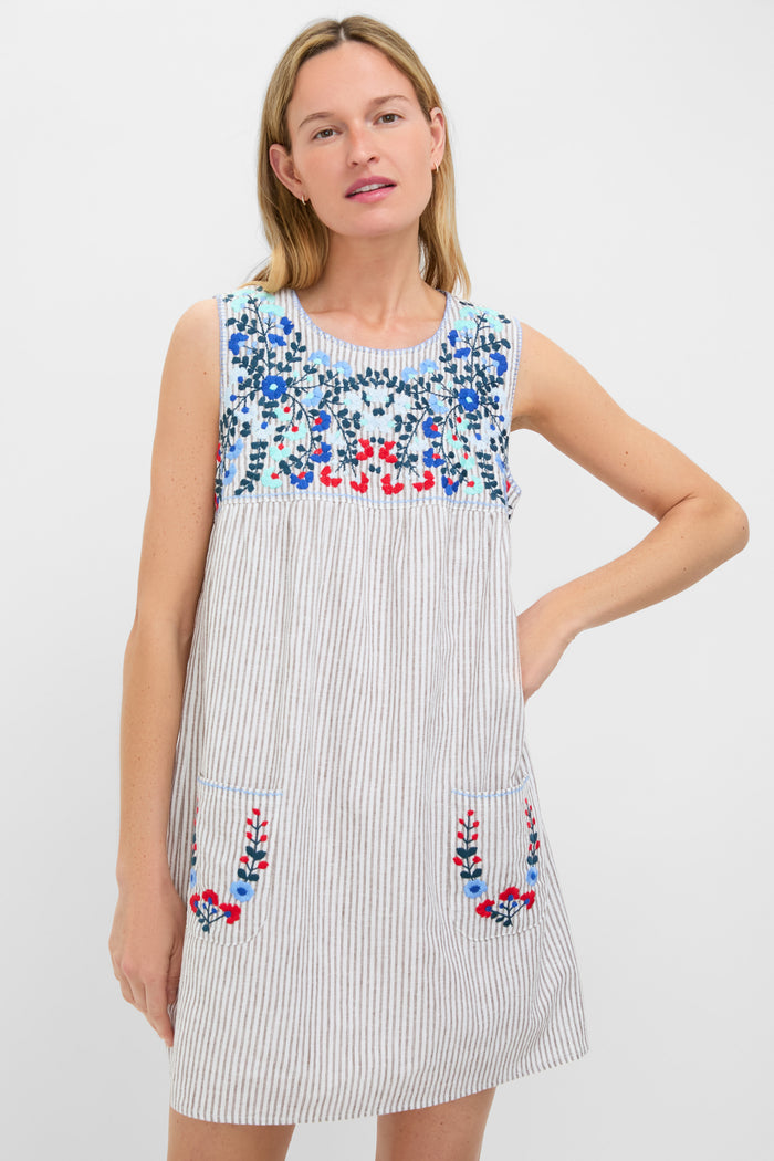Tan Stripe Embroidered Linen Sunny Mini Dress
