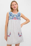 Tan Stripe Embroidered Linen Sunny Mini Dress