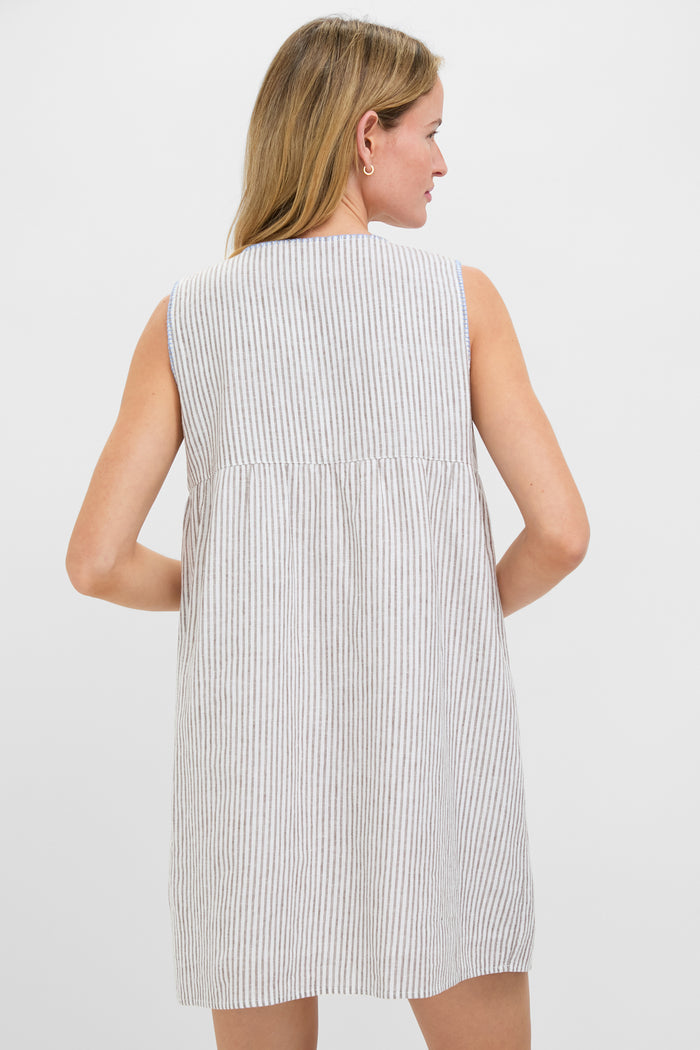Tan Stripe Embroidered Linen Sunny Mini Dress