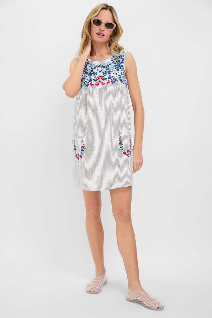 Tan Stripe Embroidered Linen Sunny Mini Dress
