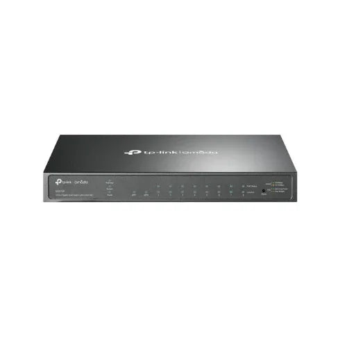 A Certified Refurbished TP-Link TL-SG2210P V1 8-Port Gigabit PoE Switch with 2 SFP, featuring indicator lights and front ports for rack mounting, is displayed against a plain white background. Reliable performance guaranteed.