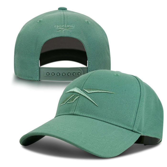 The Reebok Vector Baseball Cap is shown front and back. It features a curved brim with an embroidered Reebok logo, plus an adjustable snapback and the Reebok name above the rear opening.