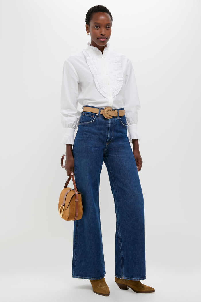 White Long Sleeve Band Collar Blouse