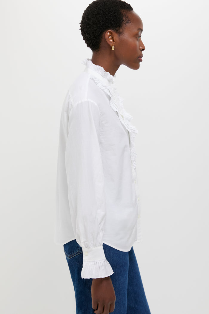 White Long Sleeve Band Collar Blouse