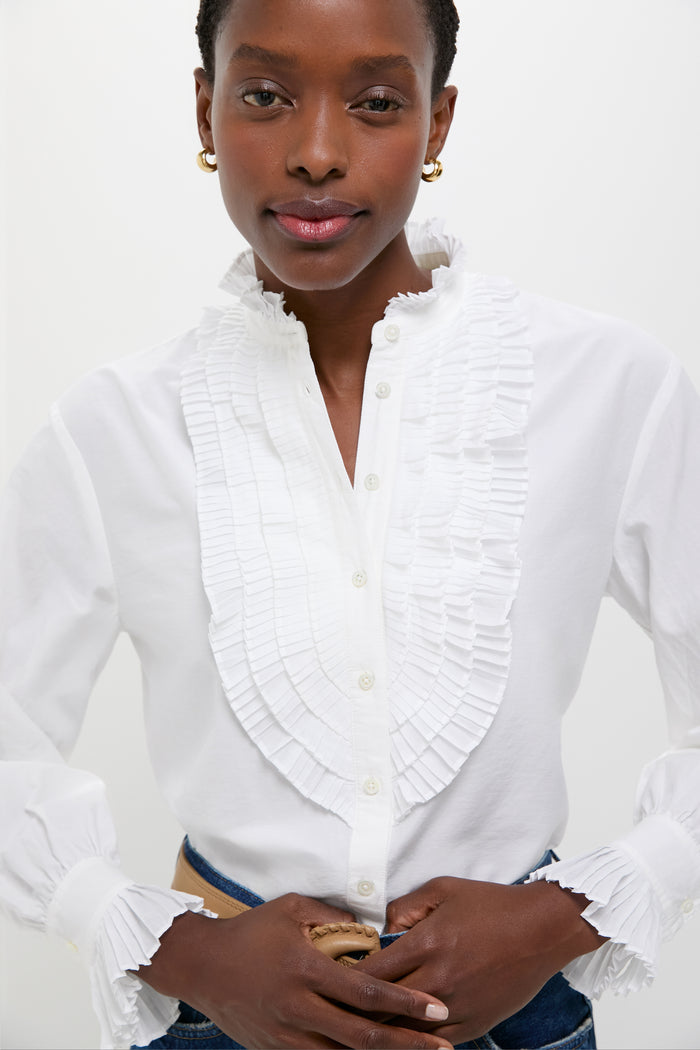 White Long Sleeve Band Collar Blouse
