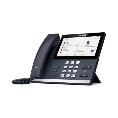 A modern certified refurbished Yealink MP56 Zoom Phone with a 7 touchscreen display, corded handset, multiple function buttons, and coiled cord. The screen displays contact info and call options. Brand: Yealink.